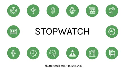 Set of stopwatch icons. Such as Clock, Watch, Sport, Hourglass, Athlete, Measure, Alarm clock, Sundial , stopwatch icons
