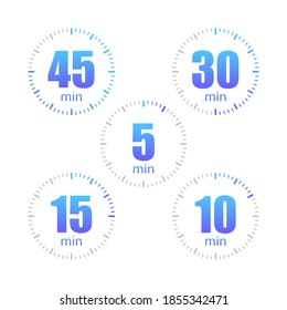 Set of stopwatch icons vector. 45,30,15,10.5 minutes. Timers colored on an isolated white background. Vector EPS10
