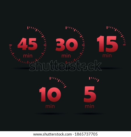 Set of stopwatch icons vector. Timers colored on an isolated white background. 45,30,15,10.5 minutes. Vector EPS10