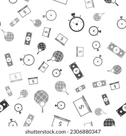 Set Stopp-Uhr, Laptop mit Dollar-Symbol, Stacks Papier Geld Bargeld und Magnifying Glas mit Globus auf nahtlosen Mustern. Vektorgrafik