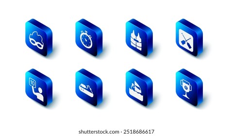 Set Stopwatch, Life jacket, Paddle, Award cup, Windsurfing, Jet ski, Assessment of judges and Glasses for swimming icon. Vector