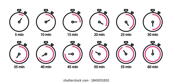 Set of stopwatch line icons. Timers set. Clock, time and countdown. Vector elements.