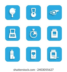 Set Stopwatch, Mobile with heart rate, Sports nutrition, Fitness shaker, Weight, Whistle and Racket and ball icon. Vector