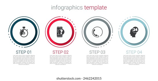 Set Stoppuhr, Handy mit Frage, Telefon 24 Stunden Support und Support Operator in Kontakt. In: Business Infographic Vorlage. Vektorgrafik