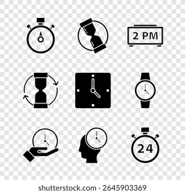 Set Stopwatch, Old hourglass, Digital alarm clock, Clock, Time Management, 24 hours,  and  icon. Vector
