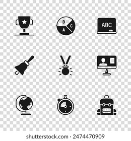 Set Stopwatch, Online class, School backpack, Medal, Chalkboard, Award cup, Pie chart infographic and Ringing bell icon. Vector