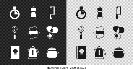 Set Stopwatch, Pepper, Meat chopper, Cookbook, Electric kettle, Cooking pot, Spatula and Rolling pin on dough icon. Vector