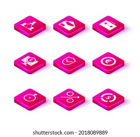Set Stopwatch, Percent up arrow, Computer monitor with pound sterling symbol, Shield check mark, Coin money dollar, euro, Briefcase and Envelope icon. Vector