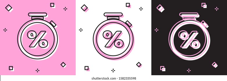 Set Stopwatch and percent discount icon isolated on pink and white, black background. Time timer sign.  Vector Illustration