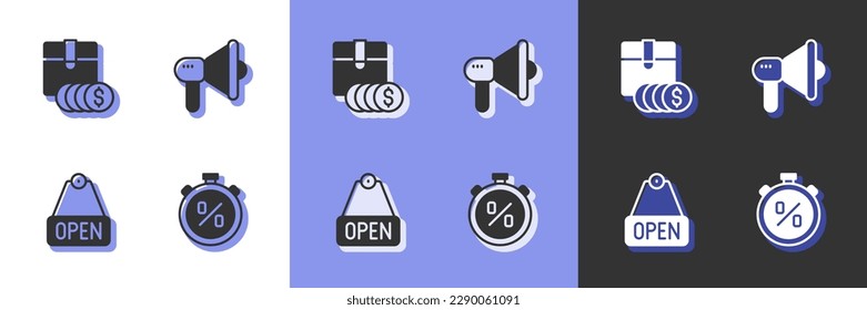 Set Stopwatch percent discount, Item price tag with dollar, Hanging sign text Open and Megaphone icon. Vector