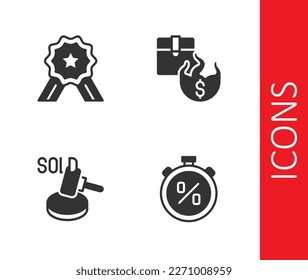 Set Stopwatch percent discount, Stars rating, Auction hammer and Hot price icon. Vector