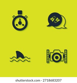Set Stoppuhr, Fotokamera für Taucher, Shark und Flippers Schwimmen Symbol. Vektorgrafik