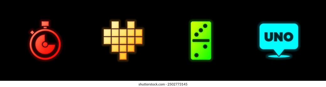 Set Stopwatch, Pixel hearts for game, Domino and Uno card icon. Vector