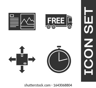 Set Stopwatch , Postcard , Cardboard box with traffic symbol and Free delivery service  icon. Vector