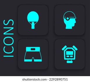 Set Stopwatch, Racket, Baseball helmet and Boxing short icon. Black square button. Vector