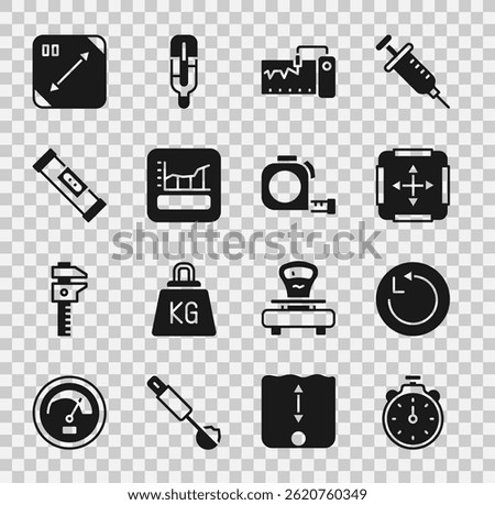 Set Stopwatch, Radius, Area measurement, Measuring instrument, Graph, schedule, chart, diagram, Construction bubble level, Diagonal measuring and Roulette construction icon. Vector