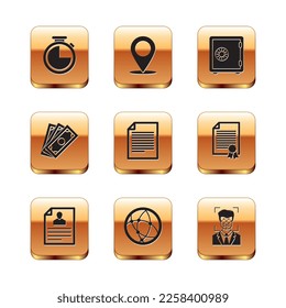Set Stopwatch, Resume, Social network, Document, Stacks paper money cash and Safe icon. Vector