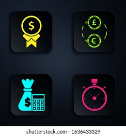 Set Stopwatch, Reward for good work, Calculator with money bag and American Football ball and helmet. Black square button. Vector
