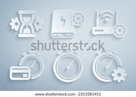 Set Stopwatch, Router and wi-fi setting, Fast payments, Time management, Power bank and Hourglass icon. Vector