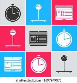 Set Stopwatch , Scale  and Laptop with app delivery tracking  icon. Vector