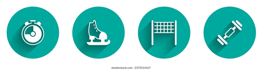 Ponga Stopwatch, Skates, Volleyball net y Dumbbell icon con una sombra larga. Vector