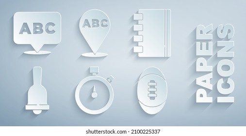 Set Stopwatch, Spiral notebook, Ringing bell, American Football ball, Alphabet and  icon. Vector