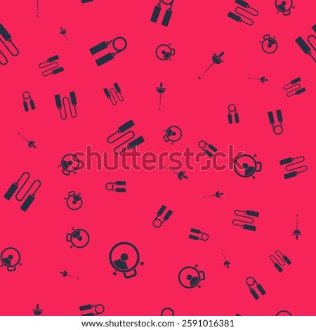 Set Stopwatch, Sport expander, Jump rope and Fencing on seamless pattern. Vector