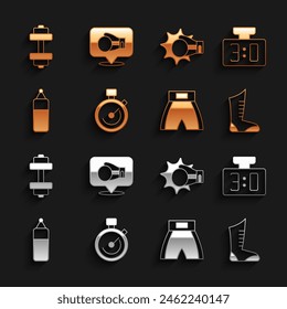 Set Stopwatch, Sport mechanical scoreboard, boxing shoes, Boxing short, Punching bag, glove, Dumbbell and  icon. Vector