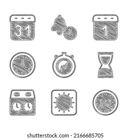 Establece Stopwatch, Sun, Day time, Old Hourglass, Time chess clock, Clock, Calendar and icon. Vector