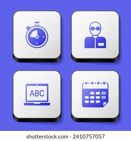 Set Stopwatch, Teacher, Laptop and School timetable icon. White square button. Vector