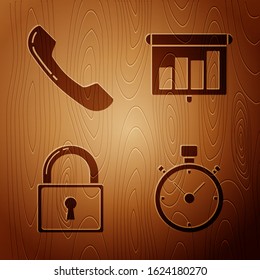 Set Stopwatch, Telephone Handset, Lock And Presentation Financial Board With Graph, Schedule, Chart, Diagram, Infographic, Pie Graph On Wooden Background. Vector