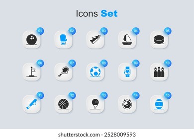 Set Stopwatch, Tennis racket with ball, Boxing glove, Baseball bat, American Football, Bowling pin,  and Soccer football icon. Vector