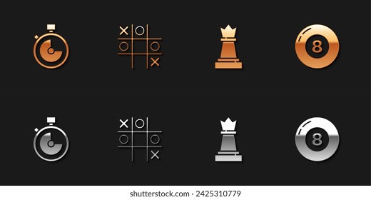 Set Stopwatch, Tic tac toe game, Chess and Billiard pool snooker ball icon. Vector