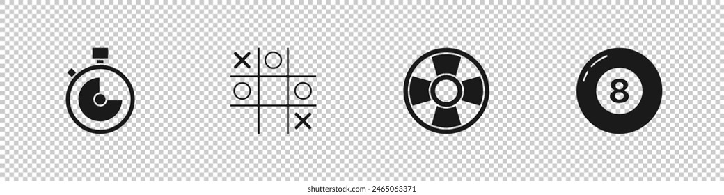 Set Stopwatch, Tic tac toe game, Casino chip and Billiard pool snooker ball icon. Vector