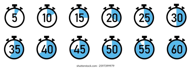 Set of stopwatch timer countdown clock. countdown clock set with 5 to 60 minutes. Timer set 5 to 60 in bluer color in white background. Countdown timer set. stopwatch, clock, countdown, , timer, icon.