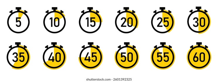  Set of stopwatch timer countdown clock. countdown clock set with 5 to 60 minutes. Countdown timer set with white background. stopwatch, clock, countdown, , timer, icons.