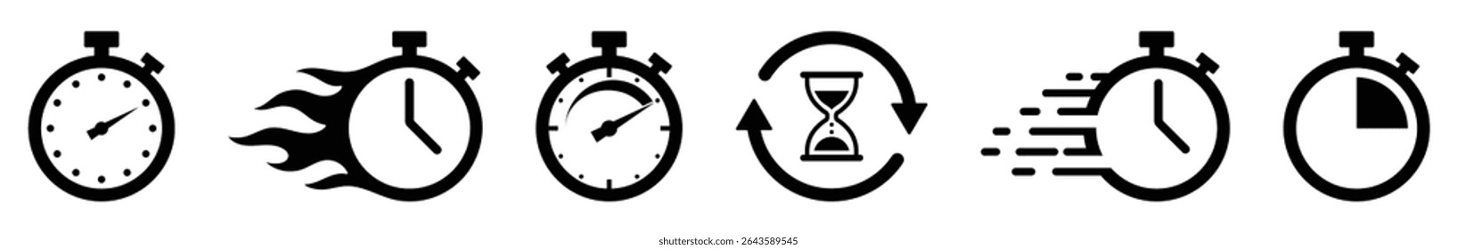 Set of stopwatch and timer icons including speed, countdown, hourglass, and fast motion concepts. Ideal for time, deadline, productivity, and stopwatch. Icons, vector, symbols.