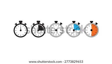 Set of stopwatch timer icons representing time management countdown tracking and interval progress duration.