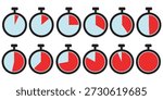 Set of stopwatch timer icons showing different time intervals in red color