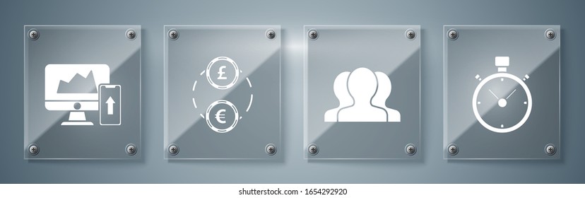 Ajusta Stopwatch, el grupo Usuarios, el cuadro o gráfico de fútbol americano y casco y financiero en el monitor del ordenador y teléfono móvil. Paneles de vidrio cuadrado. Vector