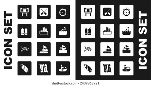 Set Stopwatch, Winner podium, Aqualung, Sport mechanical scoreboard, Water polo, Paddle, Windsurfing and Scuba diver icon. Vector