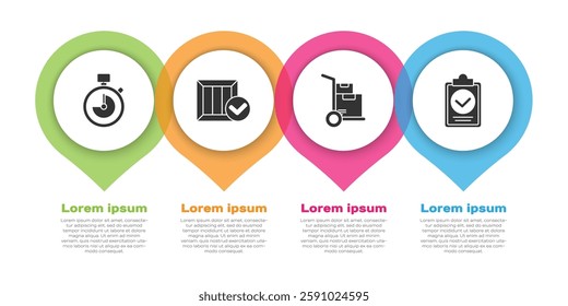 Set Stopwatch, Wooden box with check mark, Hand truck and boxes and Verification of delivery list clipboard. Business infographic template. Vector
