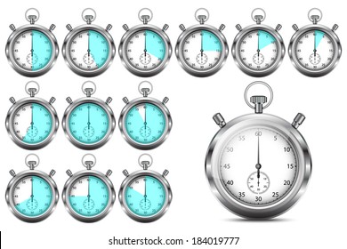 Set of stopwatches showing 5, 10, 15, 20, 25, 30, 35, 40, 45, 50, 55, and 60 seconds or minutes, vector, isolated on white background 