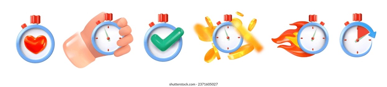 Set of stopwatches. Timer. Concept of time, deadline, punctuality. 3D style. Vector illustration.