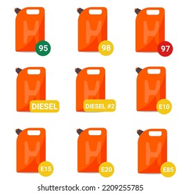 Set of storage cans with different types of fuel (gasoline 95, 98,97, diesel, gasoline-ethanol mix E-10, E-15, E-20, E-85).