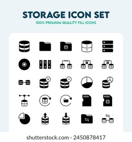 Set of Storage fill icons including database, server, storage, data management and cloud computing. Premium quality fill icon collection.