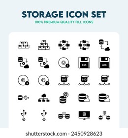 Set of Storage fill icons including cloud, server, web hosting, data transfer, disks and cloud computing. Premium quality fill collection.