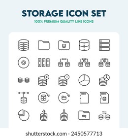 Set of storage line icons including database, server, folder, technology, and files. Premium quality outline collection.