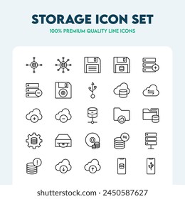 Set of storage line icons including cloud, servers, web hosting, data management, and cloud computing. Premium quality outline icon collection.