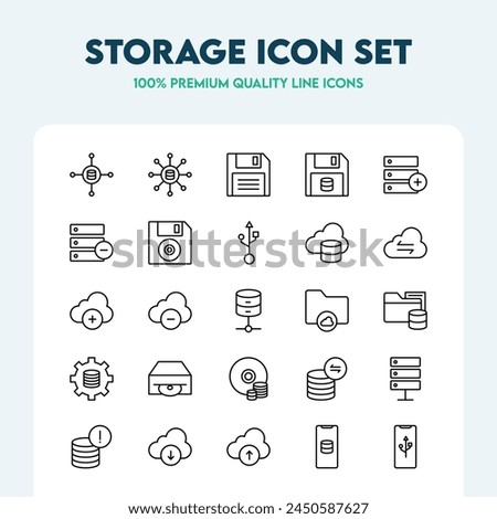 Set of storage line icons including cloud, servers, web hosting, data management, and cloud computing. Premium quality outline icon collection.